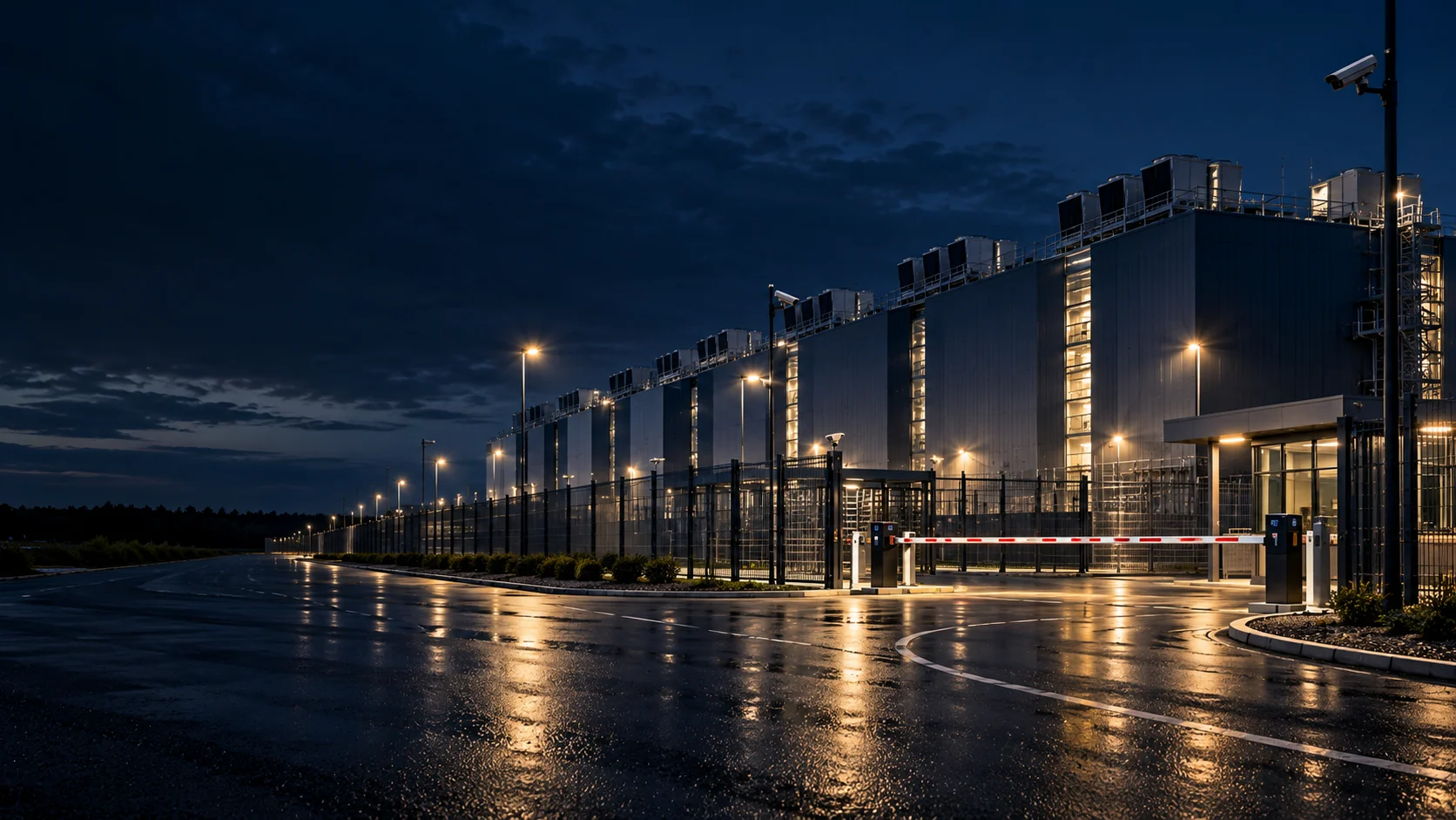 Fertiges Data Center bei Nacht mit Perimeterzaun, Kameras und Pförtnerhaus (KI-generiert)