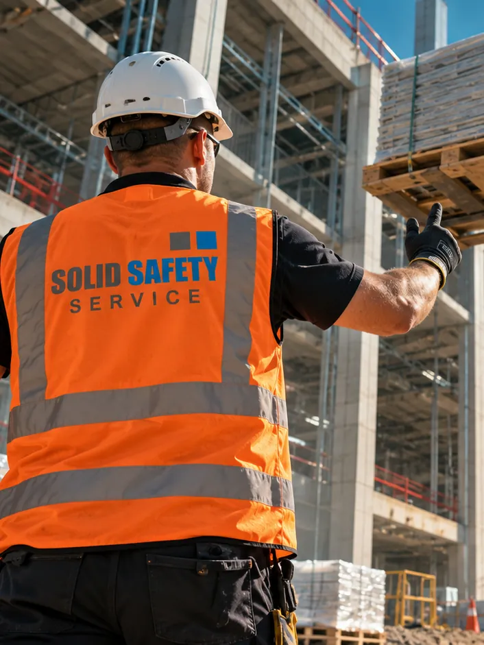 Bauhelfer von Solid Safety weist einen Teleskoplader bei der Anlieferung am Data-Center-Neubau ein (KI-generiert)