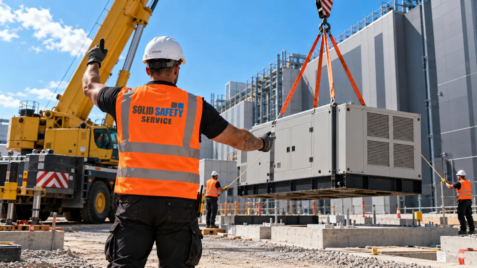 Einweiser beim Kranhub eines Generators am Autokran (KI-generiert)