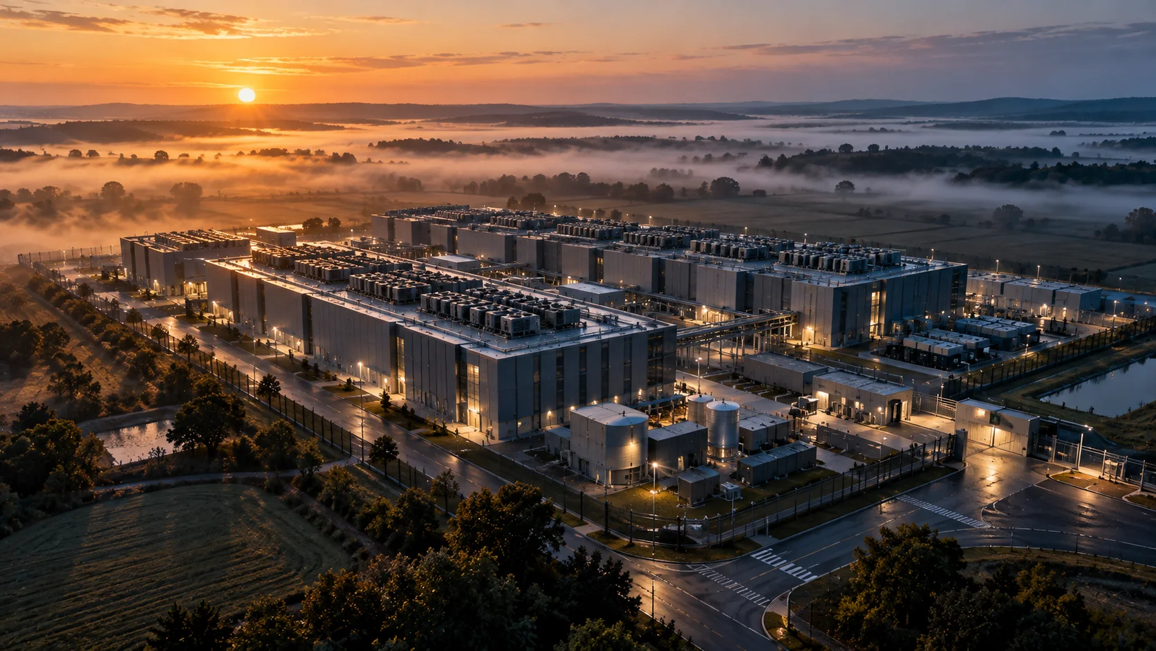 Luftaufnahme eines Data-Center-Campus bei Sonnenaufgang (KI-generiert)