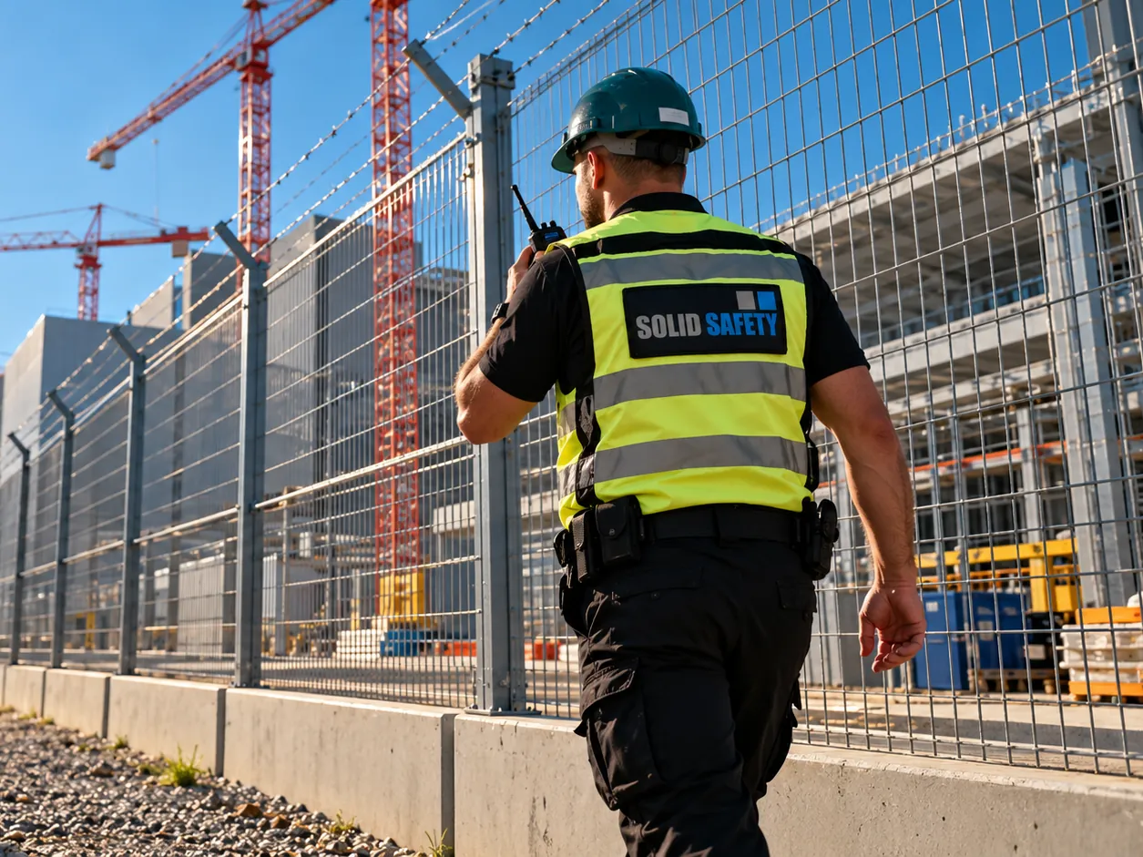 Sicherheitskraft mit Funkgerät auf Streife am Perimeterzaun einer Data-Center-Baustelle (KI-generiert)